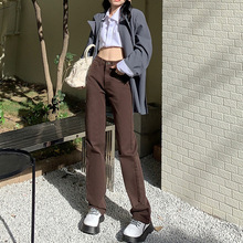 韩国小直筒牛仔裤女2022新款弹力咖啡色显瘦宽松烟管拖地裤子美式