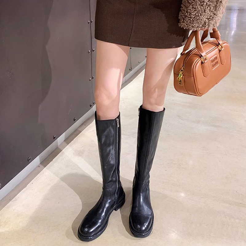 Uva mamá Nuevo estilo lavado caballo cuero grueso talón plataforma botas altas cremallera lateral simple adelgazamiento Knight botas para las mujeres