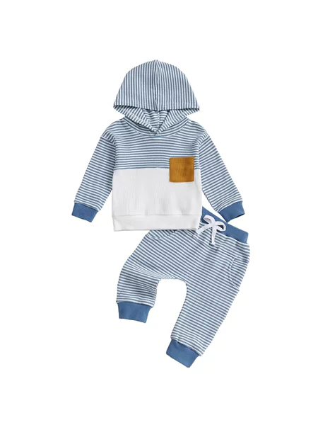 Cross-Border Spring & Fall Boys' Hooded Long-Sleeved Waffle Stripesd Long-Sleeved Pants Suit D250824