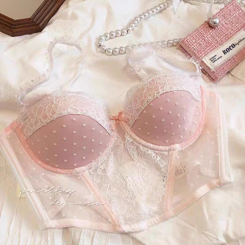 French Romantic Sexy Polka Dot Mesh Pure Desire Soft Steel Ring Thin Push-up Bra Long Bra Vest Body-shaping Underwear