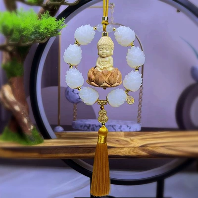 Eighteen Seed Bodhi Pendant Peach — Car hanging - little-buddha-single-ring-yellow-tassel