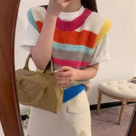 韩版新款彩色条纹无袖打底马甲针织背心外穿女内搭上衣宽肩带坎肩