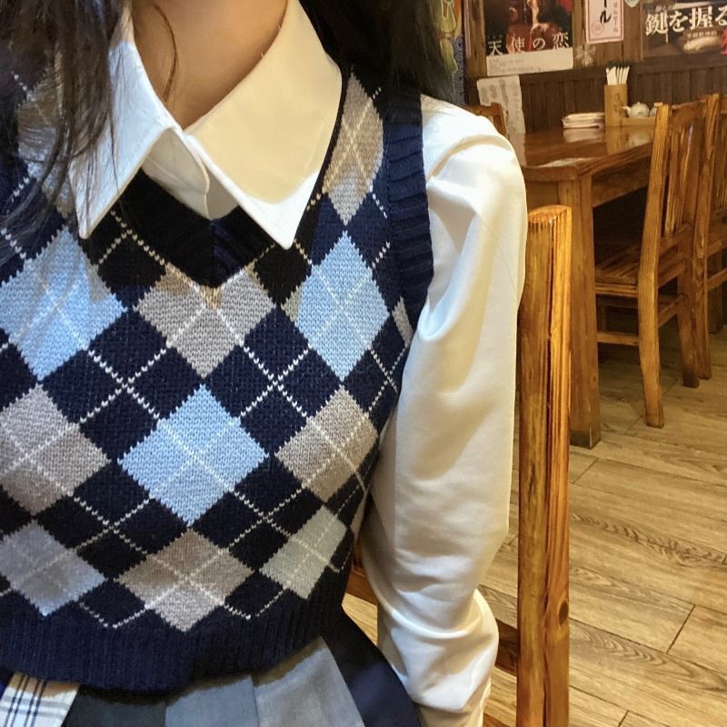 Retro British Style Color Matching Diamond Plaid Knitted Vest Women's Spring New Sweater Outer Wear Sleeveless Vest