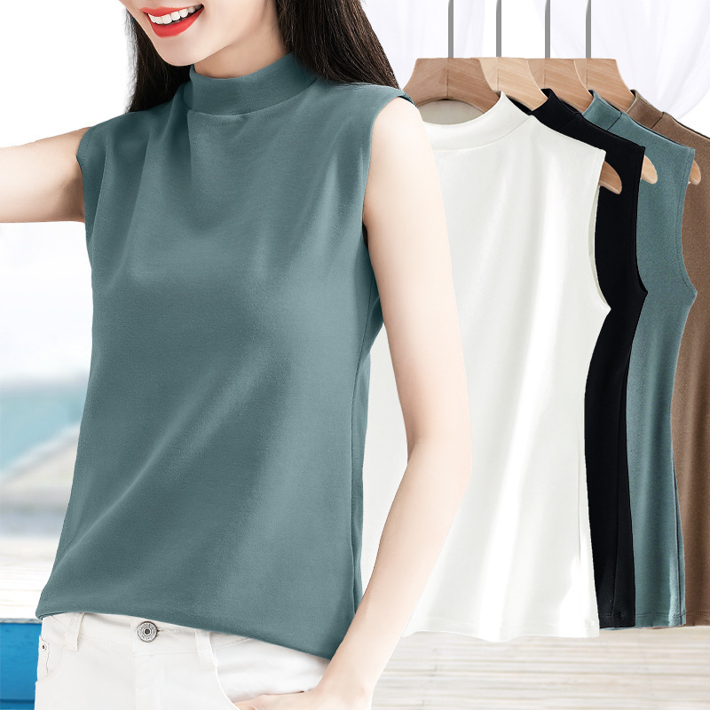 Small Half High Collar Base Vest Women's Outer Wear Inner Sleeveless Women's Brand T-Shirt Thick Pure Cotton Neutral Collar Small Shirt Autumn