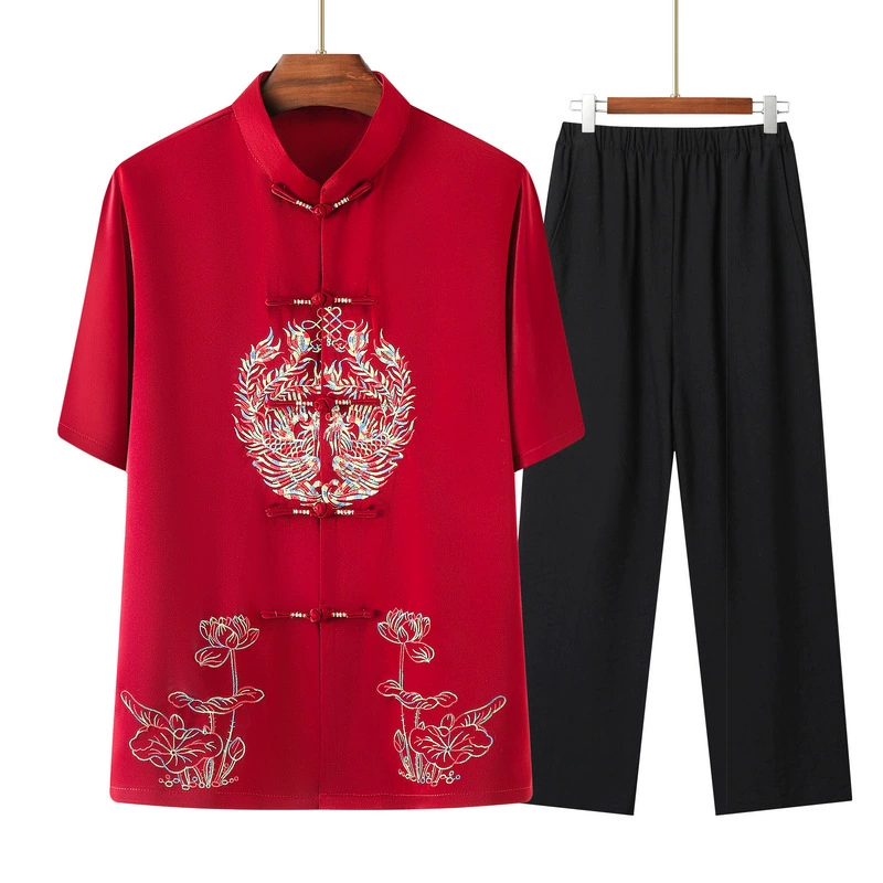 Новый китайский стиль рубашка-костюм 2025 весна-лето новая парная одежда для пожилых людей на день рождения китайский стиль двухкомплектный набор