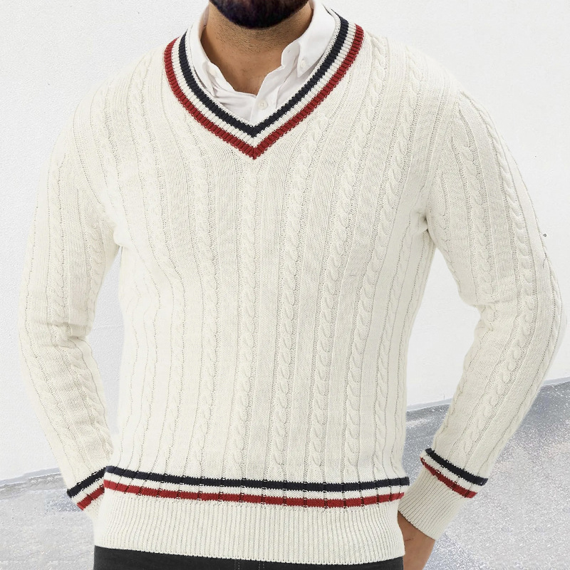 Pull à col en V et manches longues pour homme, couleur assortie, pull slim en tricot_voghion.com