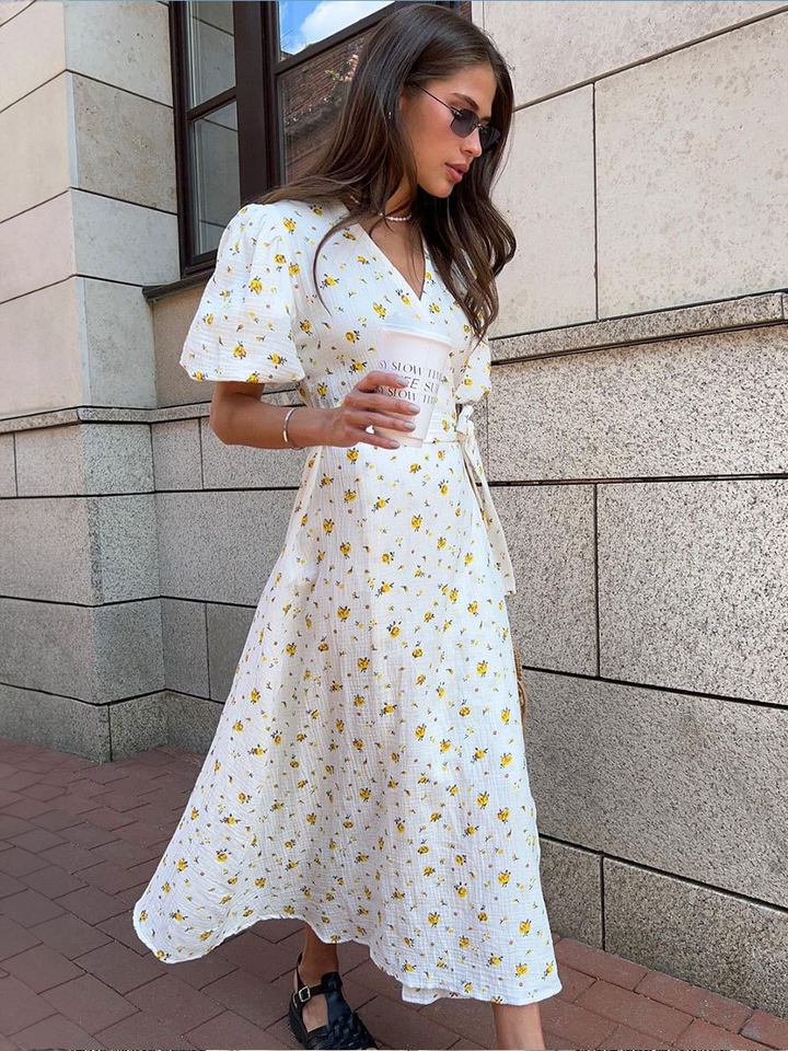 Đầm liền cotton in hoa cổ chữ V tay bồng buộc dây lưng cao — Hoa oải hương, Hoa tulip màu hồng, Màu be, Màu hồng