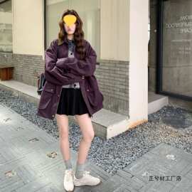 紫色格纹拼接中长款风衣外套女2026秋季新款复古宽松休闲百搭夹克