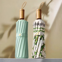 16骨手开三折晴雨伞 古风雨伞实木手柄遮阳伞 黑胶防晒太阳伞