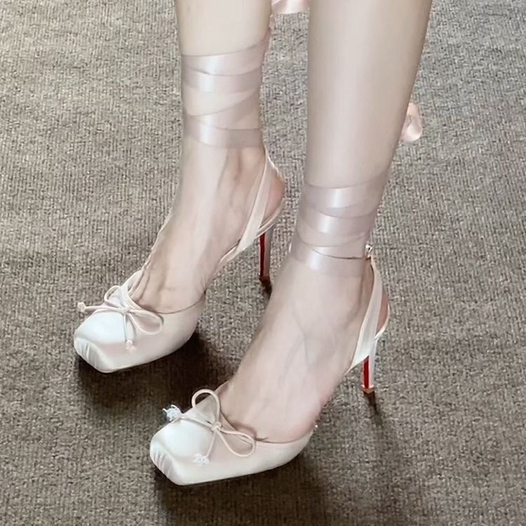 2026 New Spring and Summer Ballet High-Heeled Sandals for Women, Satin French-Style Bow-Tie Straps, Stiletto Mary Jane Shoes