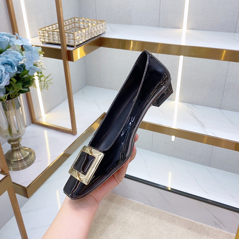 工場直販、女性用スクエアバックルフラットシューズ、パテントレザー、スクエアトゥ、浅口、メタルバックル、ローヒール、多用途チャンキーヒールシューズ|undefined