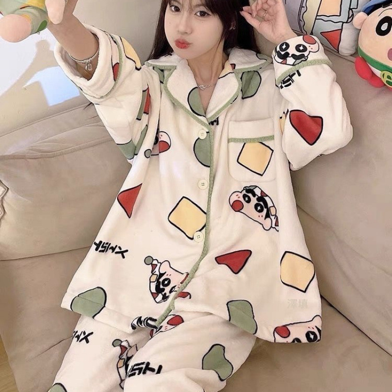 크레용 작은 새 산호 양털 가을과 겨울 잠옷 여성 기모 두꺼운 홈 의류 커플 2024 새로운 남성 세트