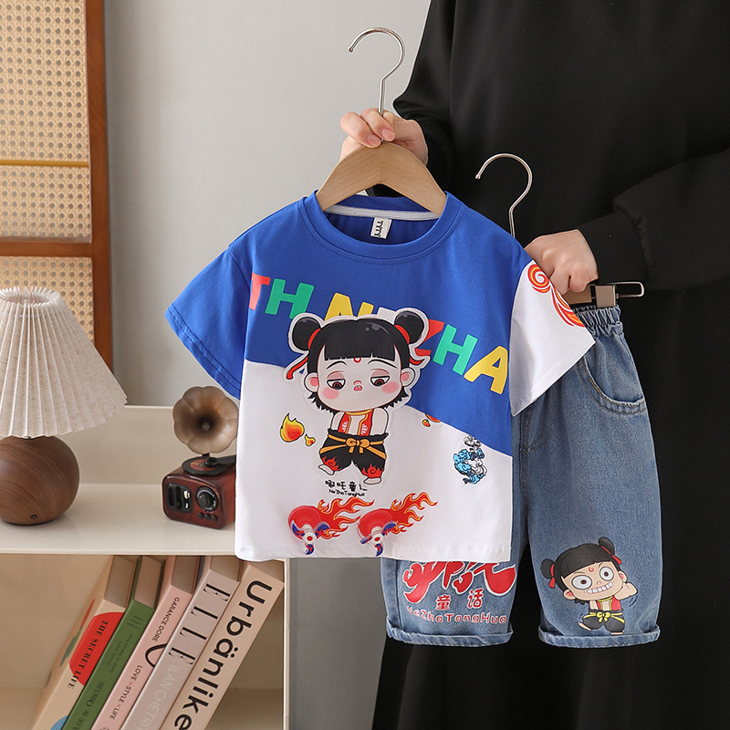7852 Ropa infantil Nezha, conjunto de ropa de verano para niños, nuevo estilo 2026, ropa de verano de manga corta para bebés, ropa infantil a la moda