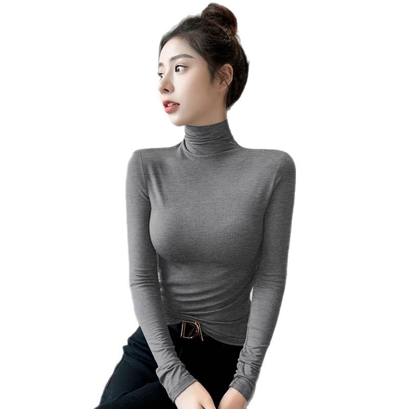 暗灰色高领螺纹打底衫女内搭早春新款修身纯色百搭洋气长袖女t恤|undefined