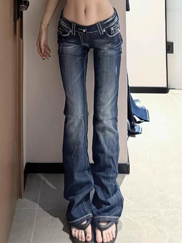 Long-Length American-Style Spicy Girl Jeans with Personalized Rhinestone Embroidery for Tall Women, Summer Y2K Low-Waist Floor-Length Pants