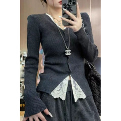 春秋新款针织衫女开衫新品感百搭显瘦拼接蕾丝边打底衫长袖上衣女