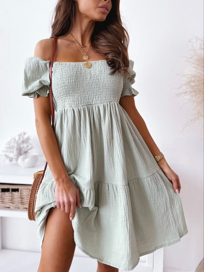 Solid Color Pattern Summer Season Wholesale Women'S Fashion Patchwork Solid Color Daily Off Shoulder Short Sleeve Regular Dress