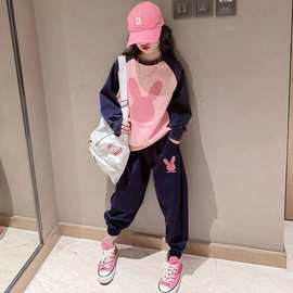 女童卡通拼色休闲运动套装春秋百搭中大童长袖上衣宽松长裤两件套