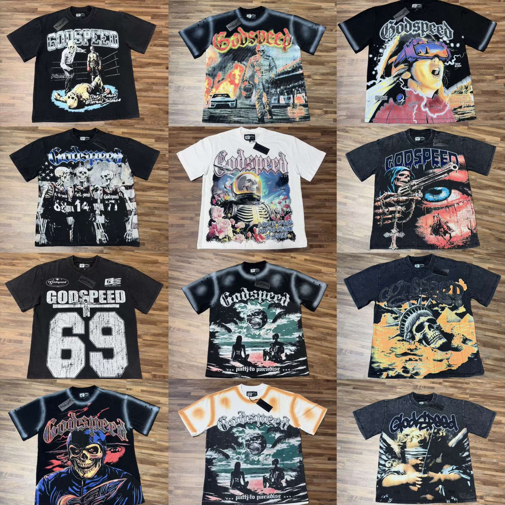 26Ss Cross-Border Trade God Trendy High Street Rock Skull Rhinestone Washed Loose Short-Sleeve T-Shirt Street Style Unisex