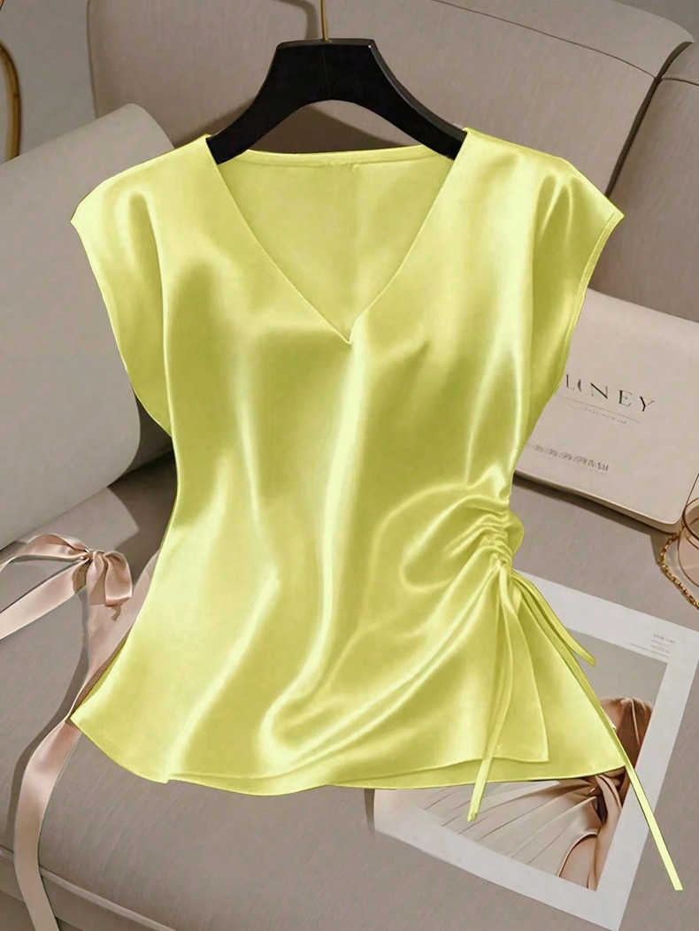 Damen Satin Bluse Mit V-ausschnitt Elegantes Sommer Oberteil_voghion.com