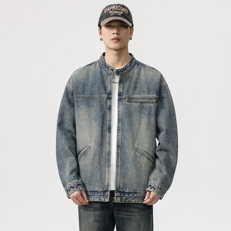 Spring and Autumn New American Style Trendy Brand Crock Denim Jacket Men's Old Vintage All-match Loose Washed Casual Jacket