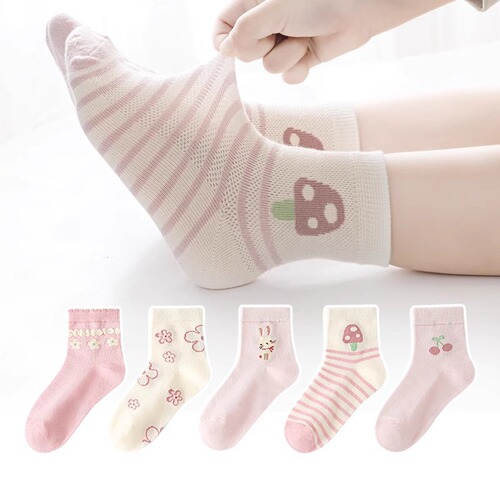 Wholesale Children's Socks with Six Fingers, Girls and Boys Spring and Summer Baby Net Eye Medium Cuff Cotton Socks for Big Kids