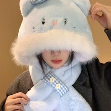 爱尚优通耳朵会动蓝色小猫毛绒帽子围巾一体两件套加厚防寒护耳帽