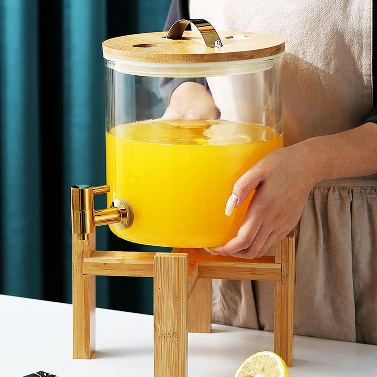 Jugo de vidrio puede beber cubo con grifo comercial limón jugo cubo gran capacidad sellada enzima cubo jugo trípode