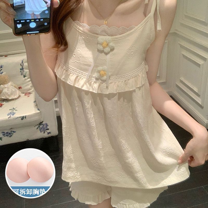 Pijamas de estilo nuevo de verano al por mayor transfronterizo con almohadilla para el pecho, eslinga de algodón de nube en relieve tejido, traje de servicio a domicilio de estilo princesa