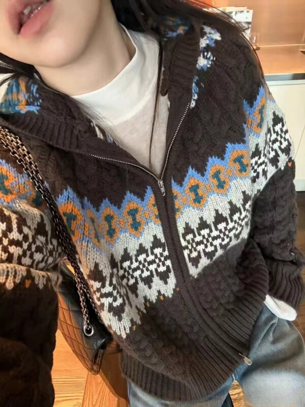 Hooded European-Style Cardigan for Women, Heavy Pure Cashmere Sweater Coat, Autumn Jacquard Knit Thick Yarn