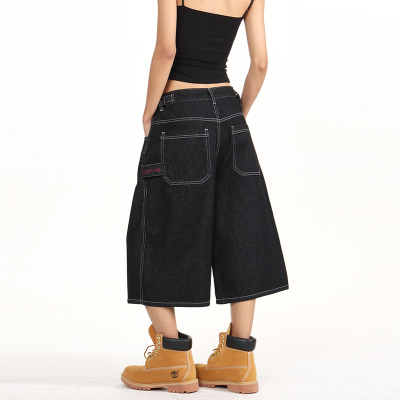 Men's American Vintage Adjustable Waist Cargo Capri Pants Unisex Baggy Denim Short Casual Streetwear Pants_viptrois.com