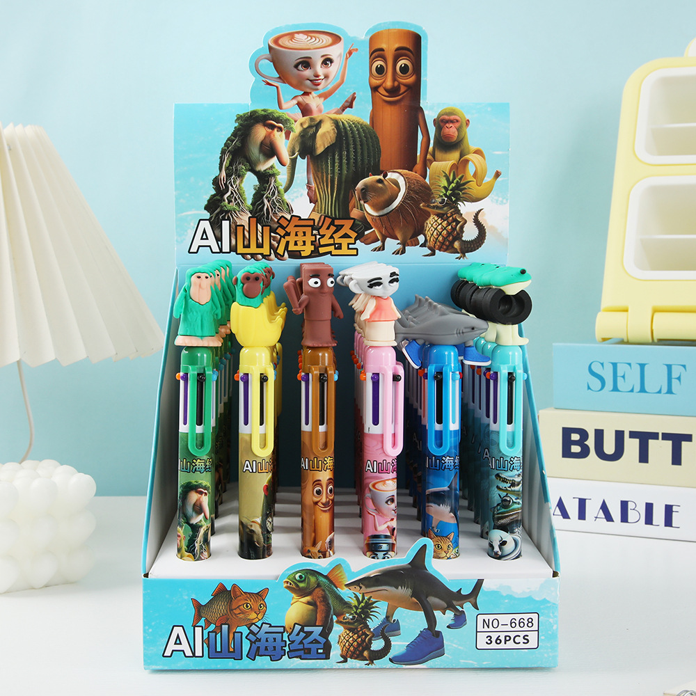 Montañas y mares de seis colores lápiz de dibujos animados palo de madera hombre pluma multicolor lápiz de bola de alto valor de color estudiantes de primaria escritura al por mayor