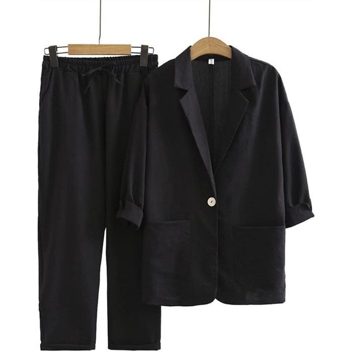 Southeast Asia Cross-Border Spring and Autumn Large Size Loose Linen Elastic Waist Long Pants Three-Quarter Sleeve Jacket Suit Sports Set