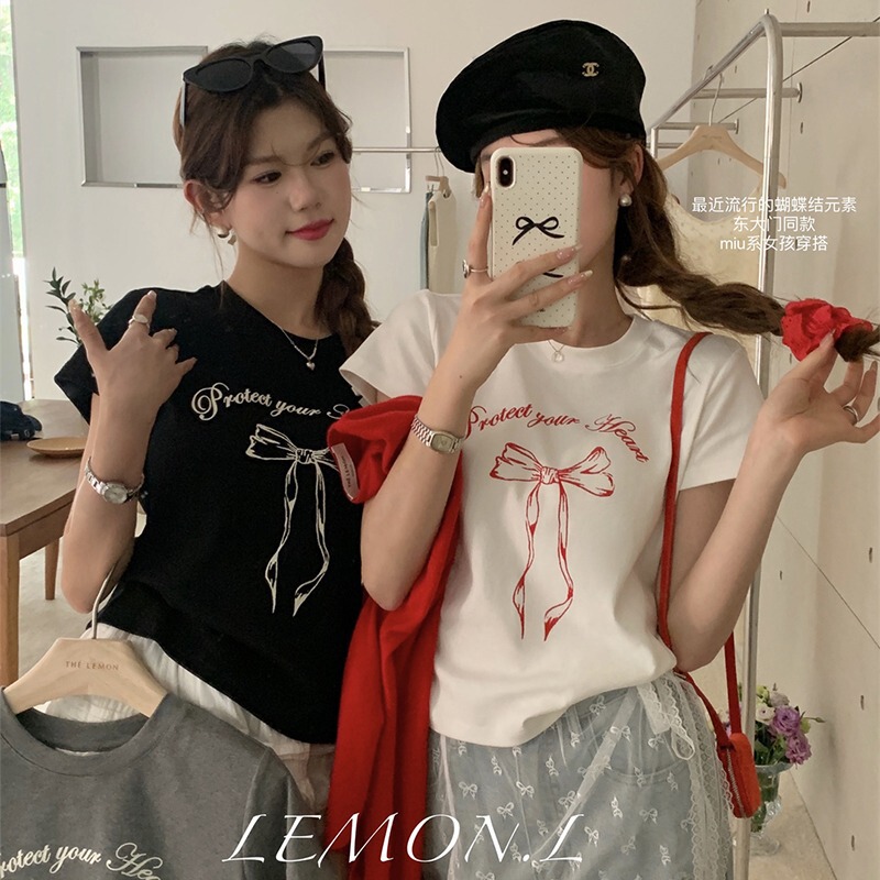Round Neck Short-Sleeve T-Shirt for Women, Niche 2025 New Printed Half-Sleeve Tee, Black Summer Regular Shoulder Top, Sweet and Spicy Style