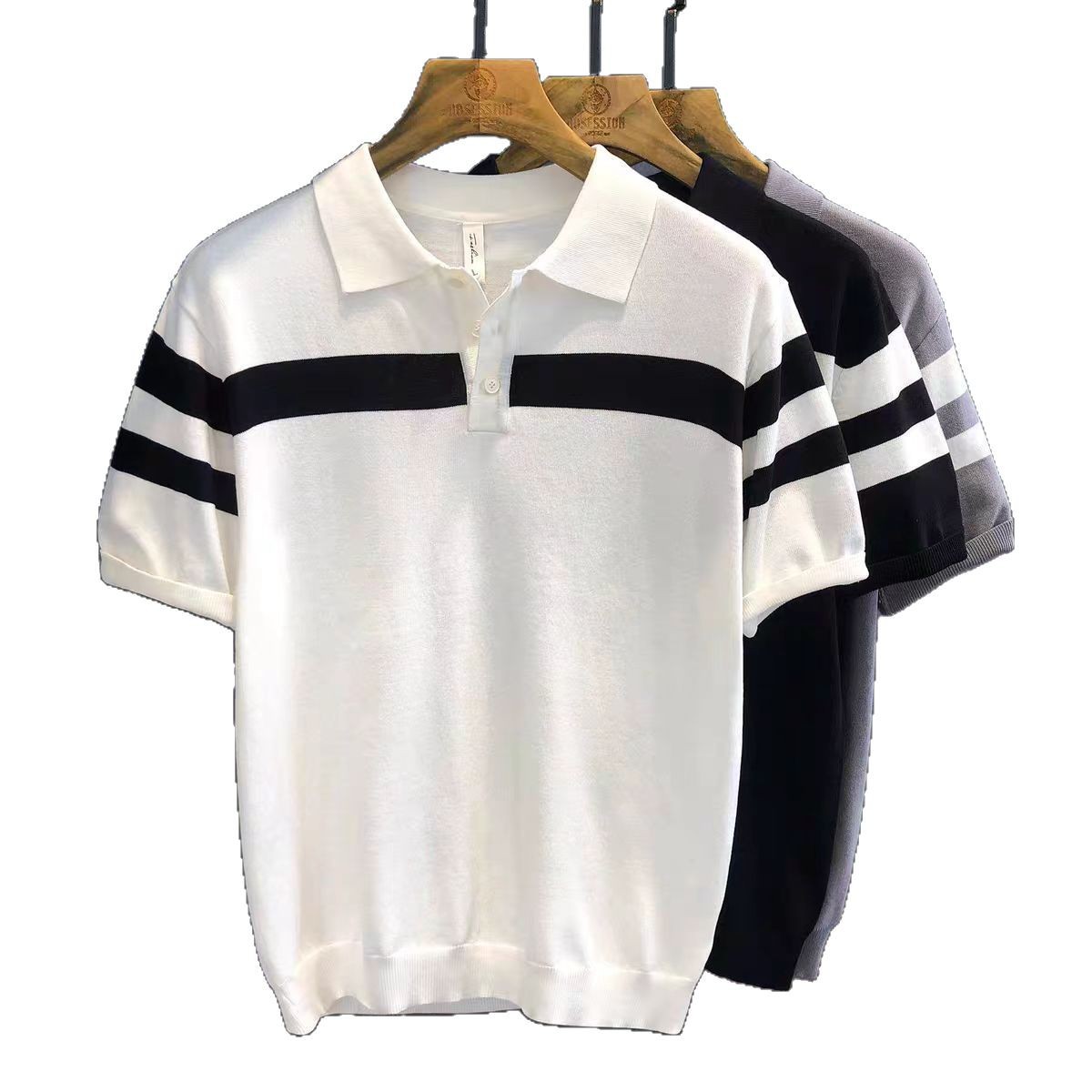 POLO suéter de punto de manga corta con solapa para hombre, verano, seda de hielo, rayas, color a juego, negocio, delgado, marea, comercio exterior, venta al por mayor transfronteriza