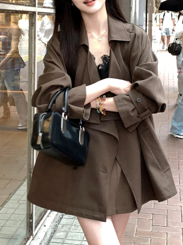 夏诗文 莱赛尔天丝棉撞色扣荡领上衣女秋廓形可调节扣袢风衣外套|undefined