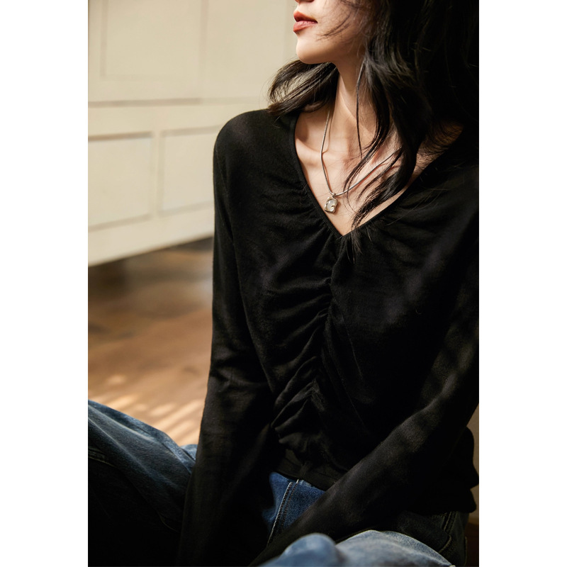 "一纤腰"针织衫 修身显瘦褶皱V领上衣女|undefined
