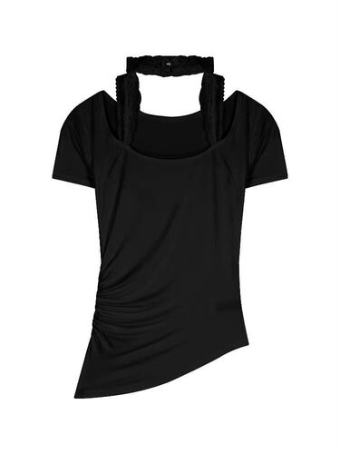 Padded lace V-neck short-sleeve tight niche pure desire black versatile short-sleeve off-shoulder top