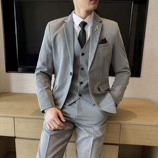 OBCY Fashion Youth Men's 2024 New Slim Fit Solid Color Suit Pants Vest Three-Piece Set Single Row Single Buckle