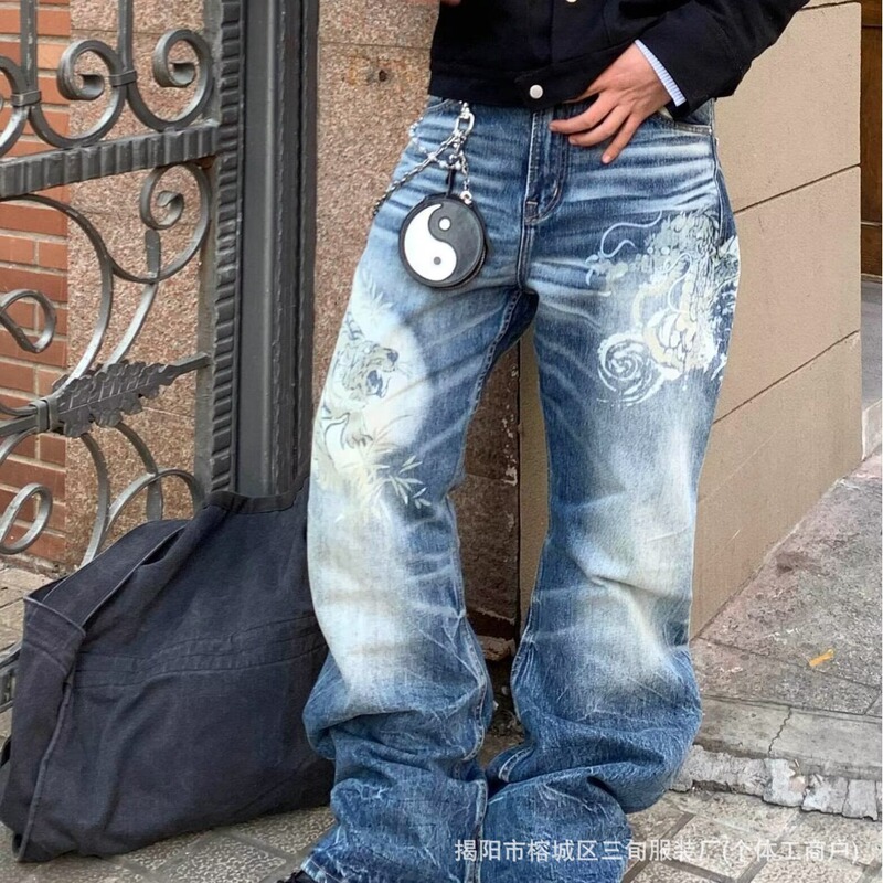 American-Style Printed Snowflake Pattern Light Blue Washed Vintage Straight-Leg Jeans Unisex A-Line Wide-Leg Pants American-Style Printed Snowflake Pattern Light Blue Washed Vintage Straight-Leg Jeans Unisex A-Line Wide-Leg Pants