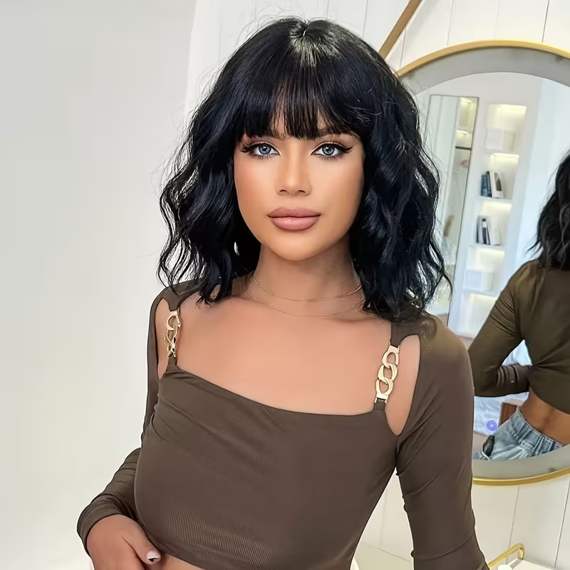Cross-border 14inch Black Straight Bangs Water Wave Short BOB Wig Lazy Wool Curl Women's Synthetic Hairpiece Cross-border 14inch Black Straight Bangs Water Wave Short BOB Wig Lazy Wool Curl Women's Synthetic Hairpiece