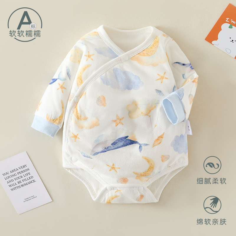Pure Cotton A-Class Autumn and Winter Quilted Thickened Baby Jumpsuit Seamless Infant Triangle Romper Long-Sleeve Crawling Suit