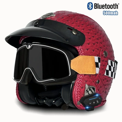 riding 3/4 half helmet | Motosiklet kaskı (dəbilqə) - v-red-pineapple-mig-large-frame-goggles-bluetooth-s
