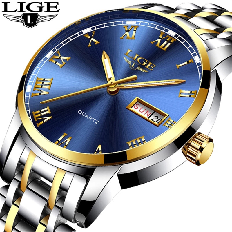 LIGE 9846-Semana banda de acero disco reloj de negocios elegante personalidad calendario hombres reloj casual transfronterizo