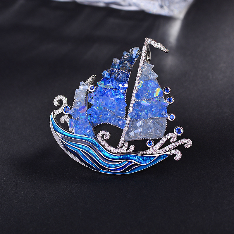 New Smooth Sailing Sailing Brooch, High-End Light Luxury Crystal Corsage Brooch, Enamel Colorful Clothing Accessories Wholesale