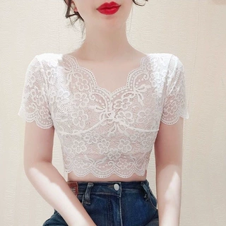 蕾丝衫新款v领心机设计感镂空网纱紧身小衫性感显瘦打底上衣女仙