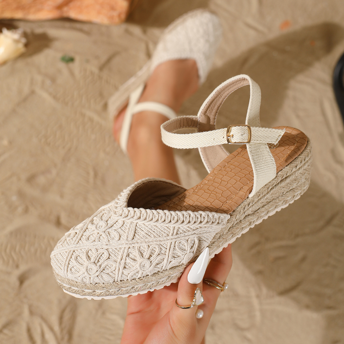 Sandalias de Cuña con Suela de Cáñamo en Lino con Cierre de Hebilla image 11