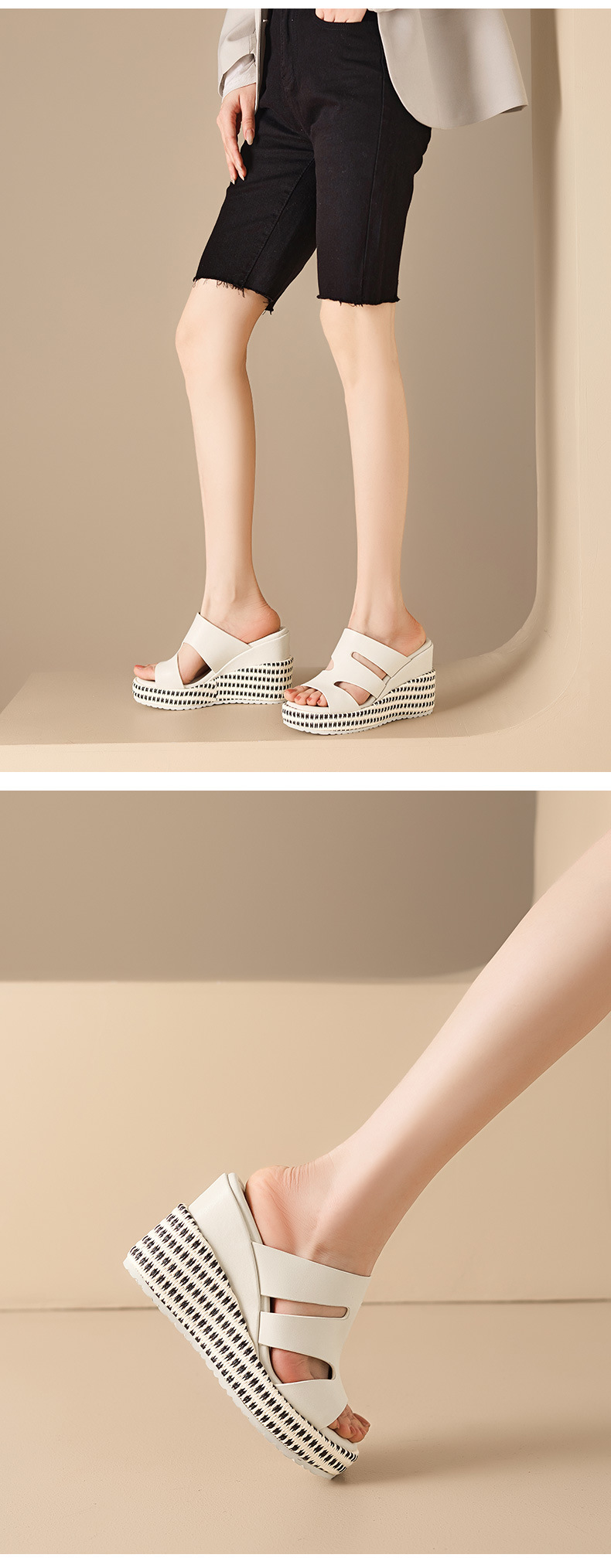 Dép sandal nữ quai chữ V đế xuồng cao gót 5 cm da PU mềm mại — màu đen, màu nâu nhạt, Trắng kem- chi tiết 6