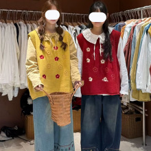 新款圆领花朵刺绣宽松针织马甲秋季女装森系无袖毛衣背心女上衣潮
