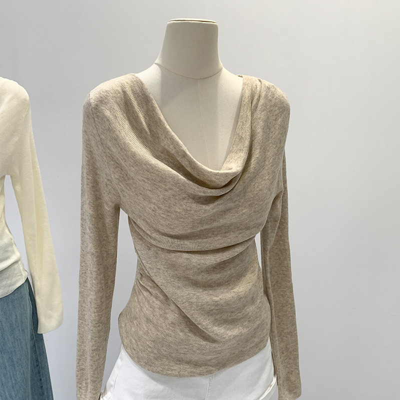 Minimalist and unique one-shoulder off-the-shoulder ruched slim-fit long-sleeve T-shirt for women, new early autumn short top Minimalist and unique one-shoulder off-the-shoulder ruched slim-fit long-sleeve T-shirt for women, new early autumn short top